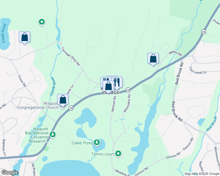 map of restaurants, bars, coffee shops, grocery stores, and more near 12 Metoxit Road in Falmouth