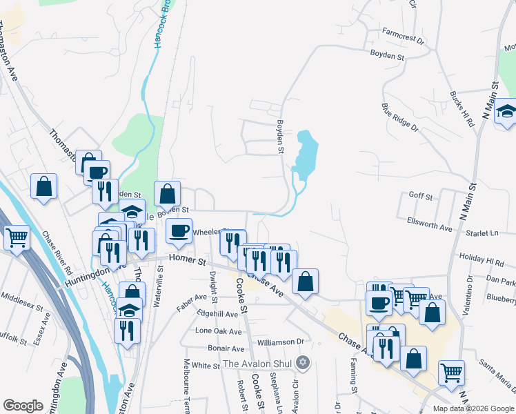 map of restaurants, bars, coffee shops, grocery stores, and more near 317 Boyden Street in Waterbury