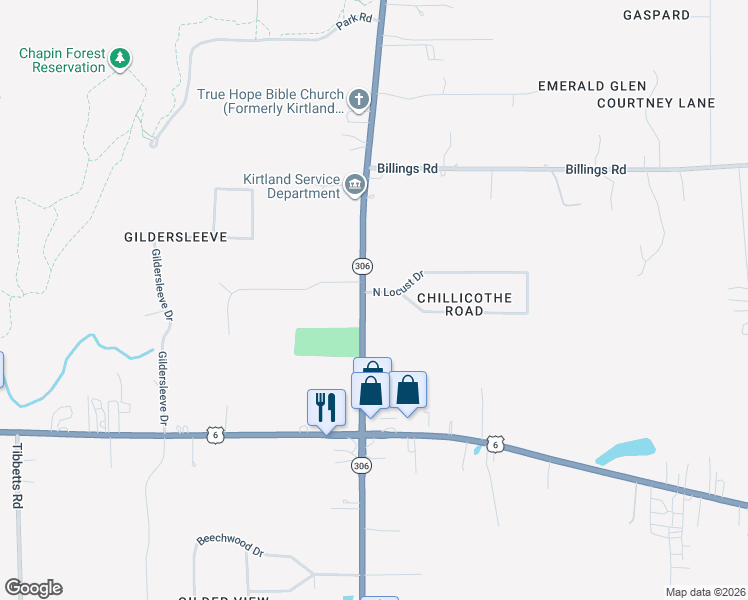 map of restaurants, bars, coffee shops, grocery stores, and more near 10441 Chillicothe Road in Kirtland