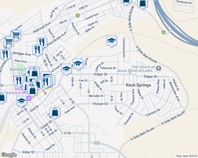 map of restaurants, bars, coffee shops, grocery stores, and more near 100-108 Hill Street in Rock Springs
