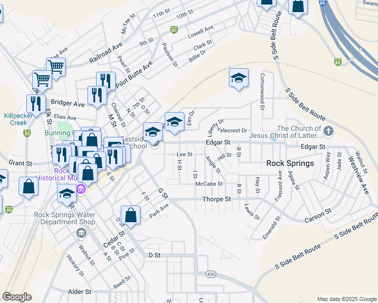 map of restaurants, bars, coffee shops, grocery stores, and more near 321 H Street in Rock Springs