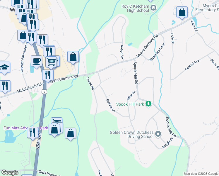 map of restaurants, bars, coffee shops, grocery stores, and more near 7 Orange Court in Wappingers Falls