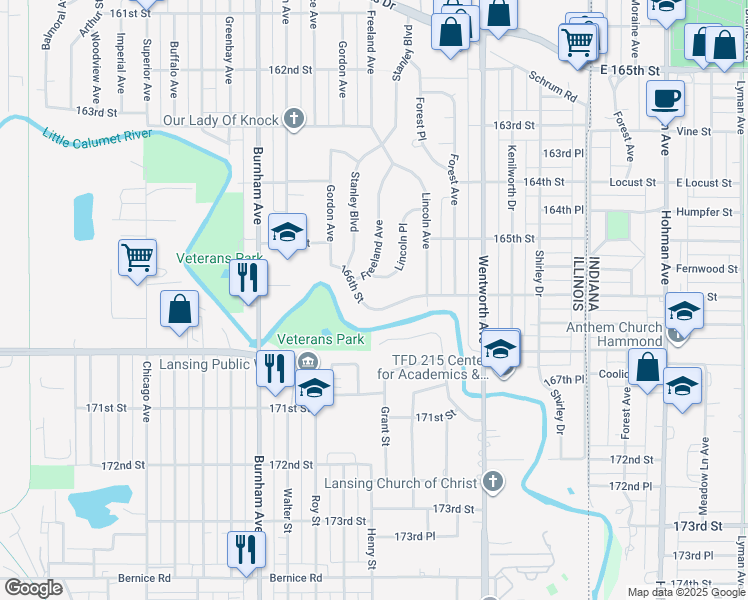 map of restaurants, bars, coffee shops, grocery stores, and more near 341 166th Street in Calumet City