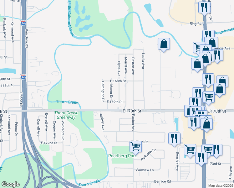 map of restaurants, bars, coffee shops, grocery stores, and more near 16911 Manor Drive in South Holland