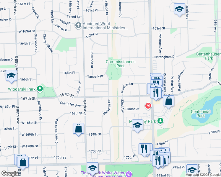map of restaurants, bars, coffee shops, grocery stores, and more near 16653 Richards Drive in Tinley Park