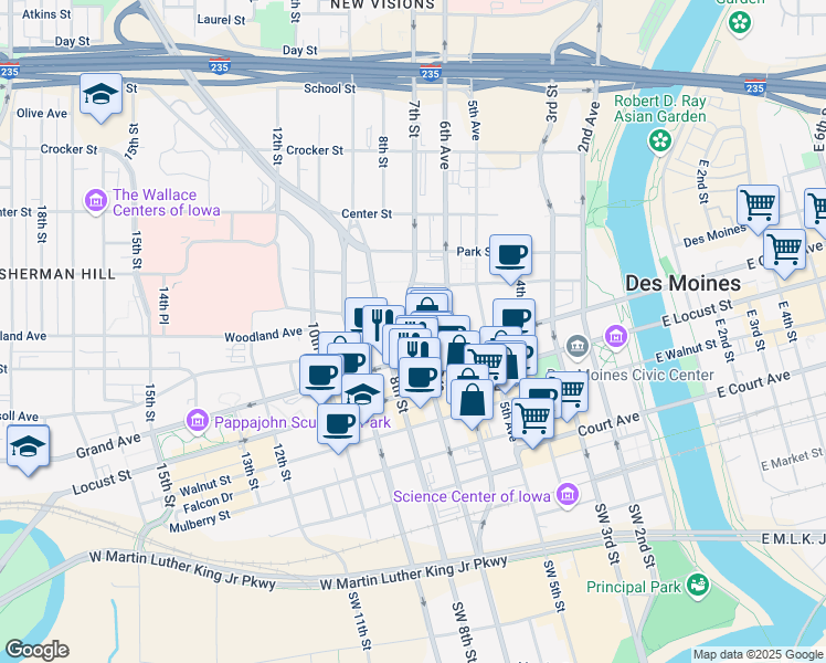 map of restaurants, bars, coffee shops, grocery stores, and more near 701 Grand Avenue in Des Moines