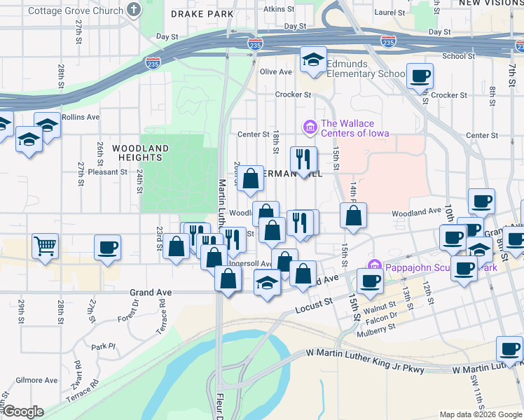 map of restaurants, bars, coffee shops, grocery stores, and more near 1815 High Street in Des Moines