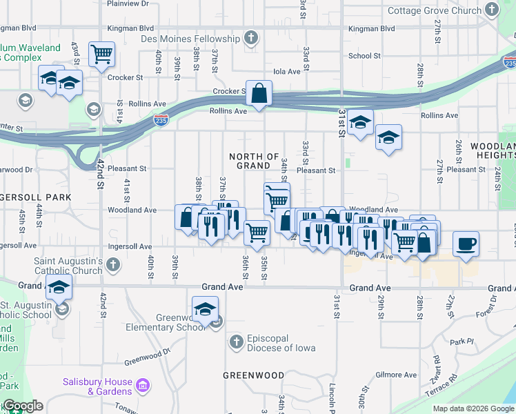 map of restaurants, bars, coffee shops, grocery stores, and more near 626 35th Street in Des Moines
