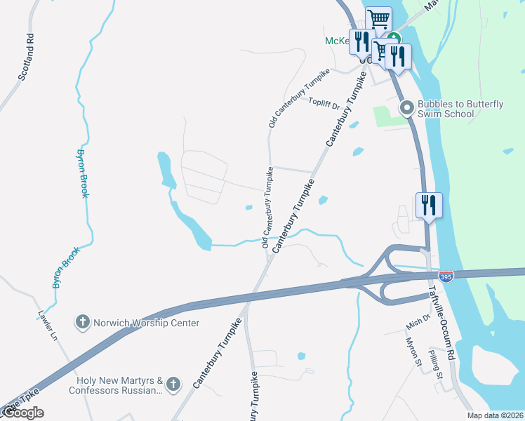 map of restaurants, bars, coffee shops, grocery stores, and more near 256 Old Canterbury Turnpike in Norwich