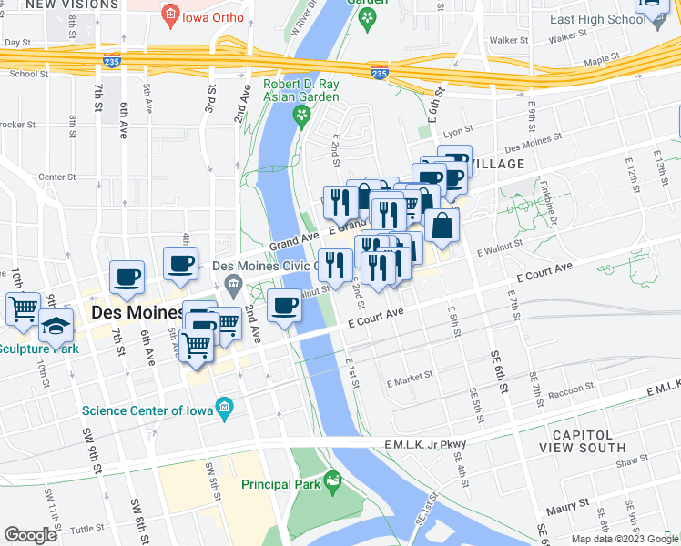 map of restaurants, bars, coffee shops, grocery stores, and more near 101 East Locust Street in Des Moines