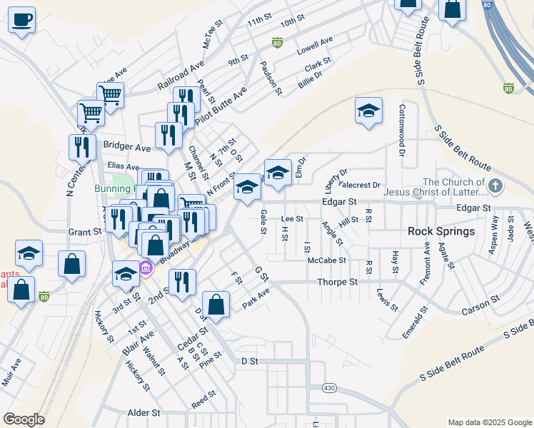 map of restaurants, bars, coffee shops, grocery stores, and more near 915 Lee Street in Rock Springs