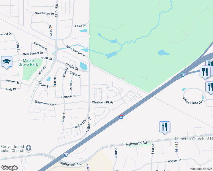 map of restaurants, bars, coffee shops, grocery stores, and more near 8601 Westown Parkway in West Des Moines