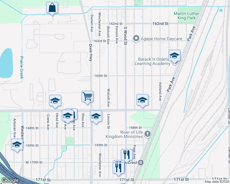 map of restaurants, bars, coffee shops, grocery stores, and more near 16560 Honore Avenue in Markham