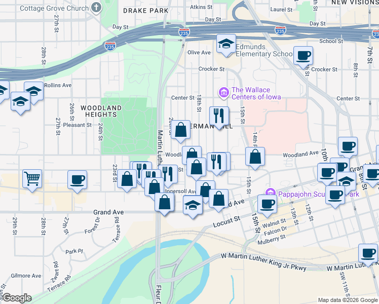 map of restaurants, bars, coffee shops, grocery stores, and more near 1815 High Street in Des Moines