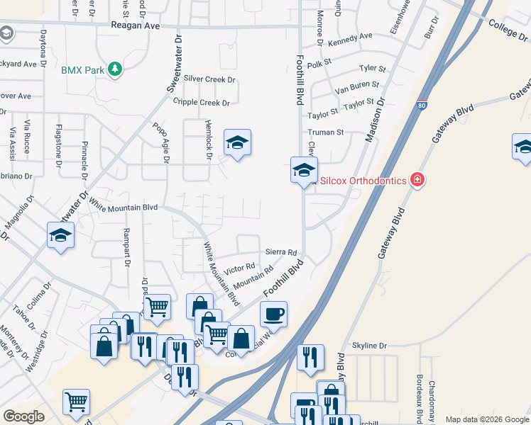 map of restaurants, bars, coffee shops, grocery stores, and more near 3317 Sierra Circle in Rock Springs