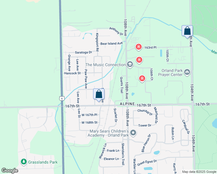 map of restaurants, bars, coffee shops, grocery stores, and more near 16546 Pear Avenue in Orland Park