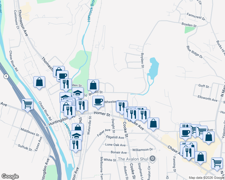 map of restaurants, bars, coffee shops, grocery stores, and more near 237 Boyden Street in Waterbury