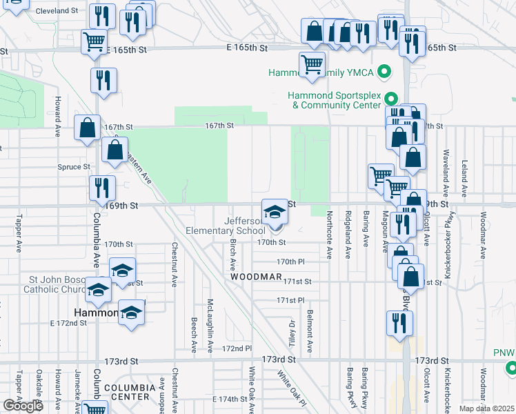 map of restaurants, bars, coffee shops, grocery stores, and more near 1608 169th Street in Hammond