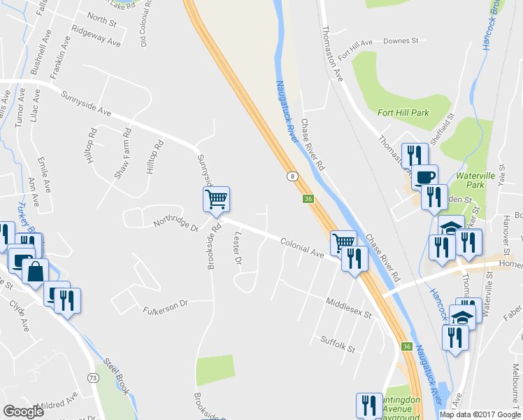 map of restaurants, bars, coffee shops, grocery stores, and more near 39 Berkshire Drive in Waterbury