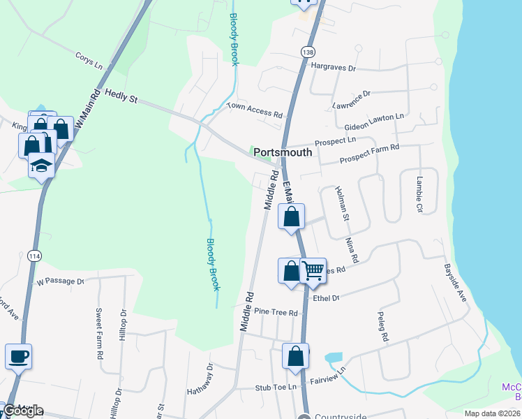 map of restaurants, bars, coffee shops, grocery stores, and more near 73 Middle Road in Portsmouth