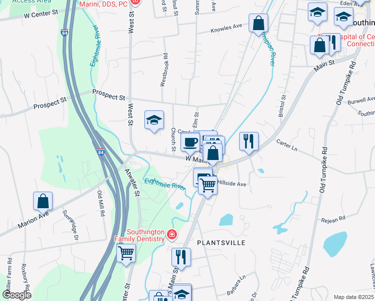 map of restaurants, bars, coffee shops, grocery stores, and more near 42 Cowles Avenue in Southington