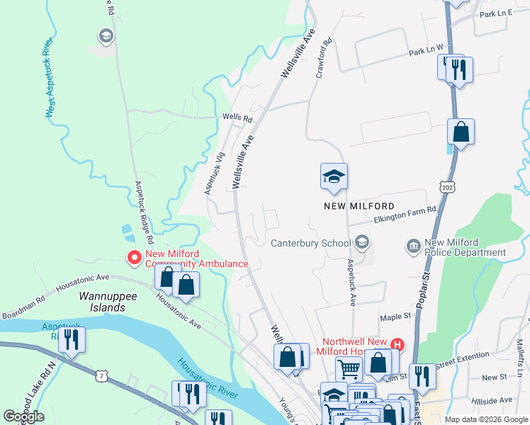 map of restaurants, bars, coffee shops, grocery stores, and more near 8 Canterbury Court in New Milford
