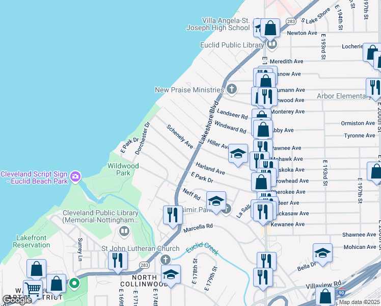 map of restaurants, bars, coffee shops, grocery stores, and more near 17705 Schenely Avenue in Cleveland