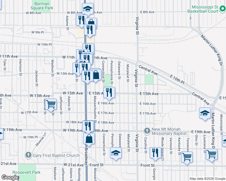 map of restaurants, bars, coffee shops, grocery stores, and more near 1339-1405 Pennsylvania Street in Gary