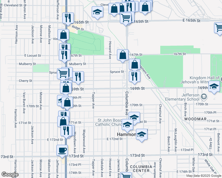 map of restaurants, bars, coffee shops, grocery stores, and more near 1106 Cherry Street in Hammond