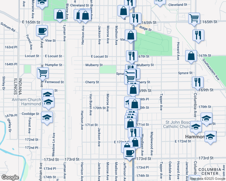 map of restaurants, bars, coffee shops, grocery stores, and more near 650 Cherry Street in Hammond