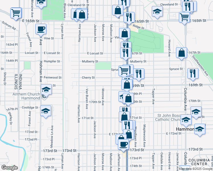 map of restaurants, bars, coffee shops, grocery stores, and more near 650 Cherry Street in Hammond
