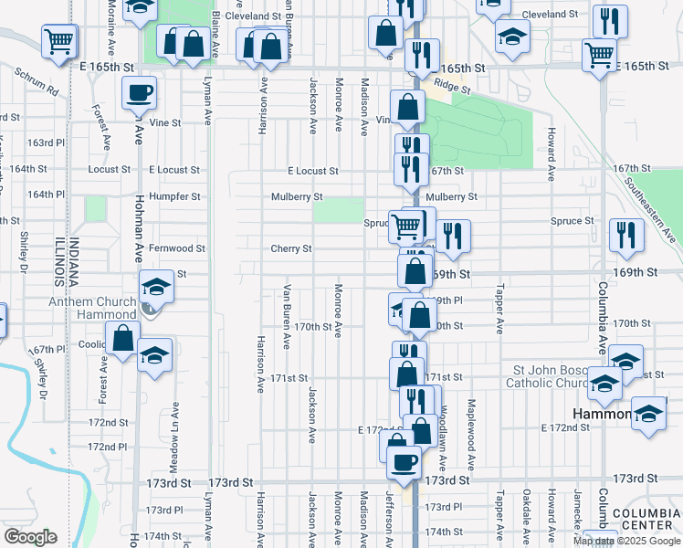 map of restaurants, bars, coffee shops, grocery stores, and more near 620 Cherry Street in Hammond