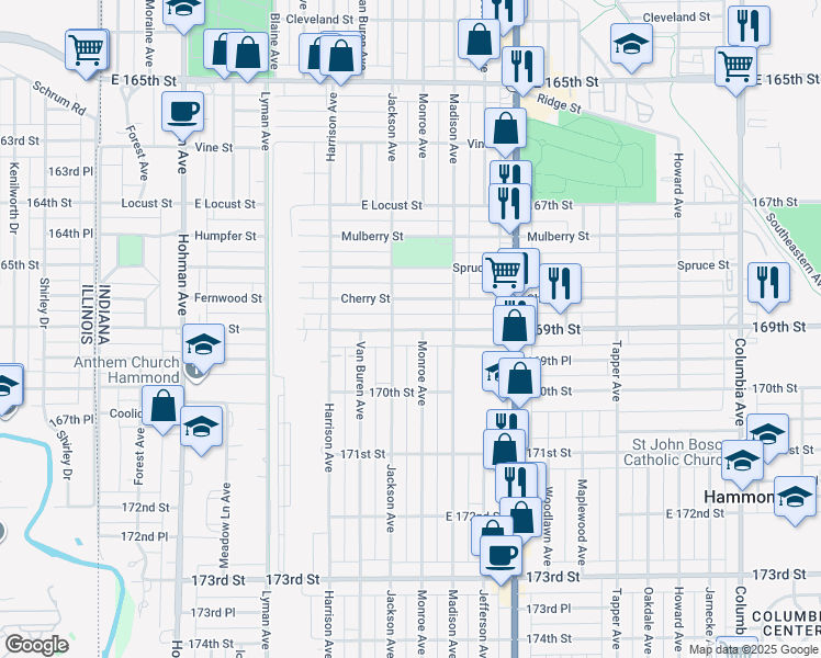 map of restaurants, bars, coffee shops, grocery stores, and more near 620 Cherry Street in Hammond