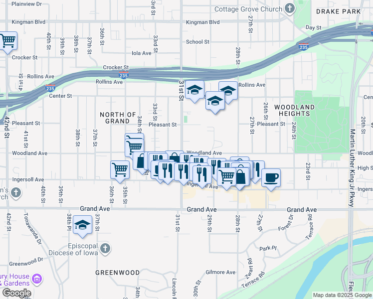 map of restaurants, bars, coffee shops, grocery stores, and more near 677 31st Street in Des Moines