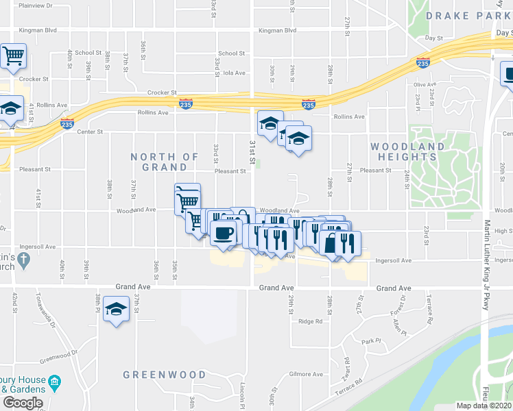 map of restaurants, bars, coffee shops, grocery stores, and more near 677 31st Street in Des Moines