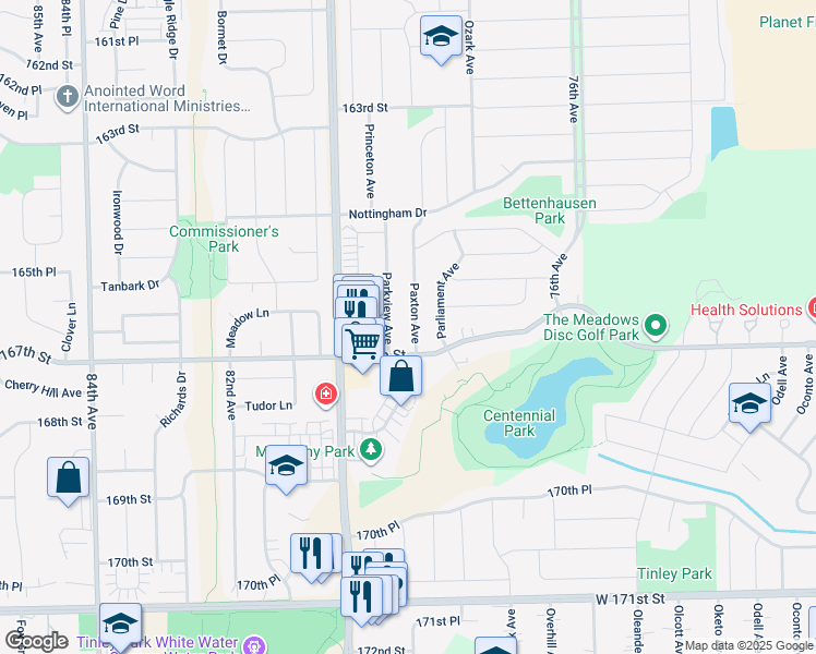 map of restaurants, bars, coffee shops, grocery stores, and more near 16646 Paxton Avenue in Tinley Park