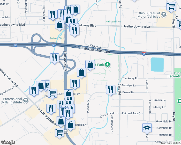 map of restaurants, bars, coffee shops, grocery stores, and more near 1610 Market Place Drive in Maumee