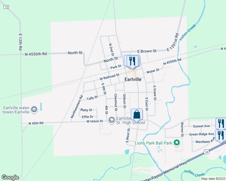 map of restaurants, bars, coffee shops, grocery stores, and more near 212 Chestnut Street in Earlville