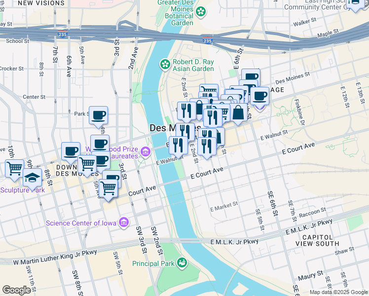 map of restaurants, bars, coffee shops, grocery stores, and more near 101 East Locust Street in Des Moines