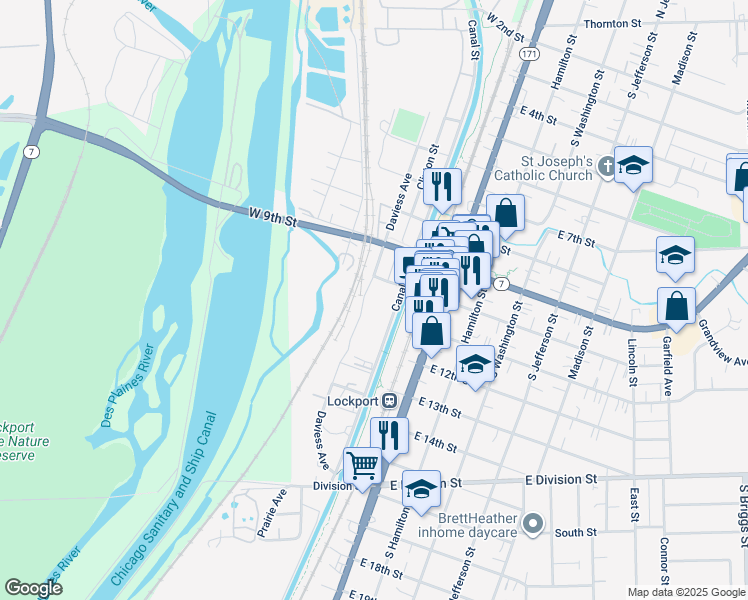 map of restaurants, bars, coffee shops, grocery stores, and more near 1001 Clinton Street in Lockport