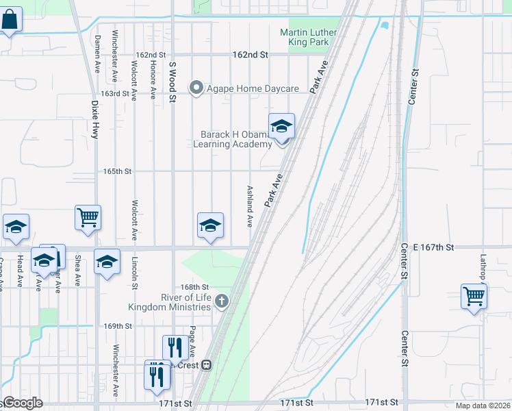 map of restaurants, bars, coffee shops, grocery stores, and more near 16535 Ashland Avenue in Markham