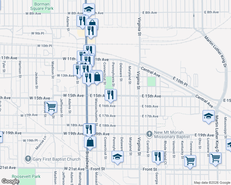 map of restaurants, bars, coffee shops, grocery stores, and more near 1339-1405 Pennsylvania Street in Gary