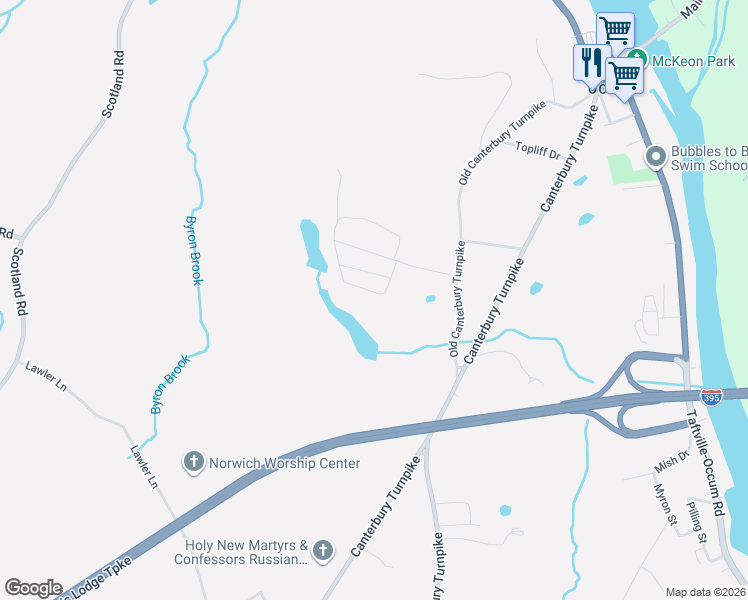 map of restaurants, bars, coffee shops, grocery stores, and more near 67 Center Drive in Norwich