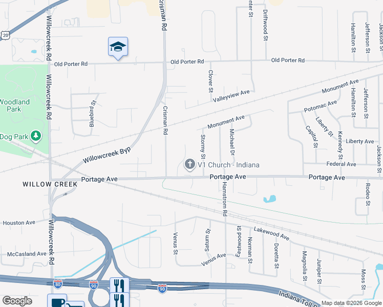 map of restaurants, bars, coffee shops, grocery stores, and more near 2180 Stormy Street in Portage