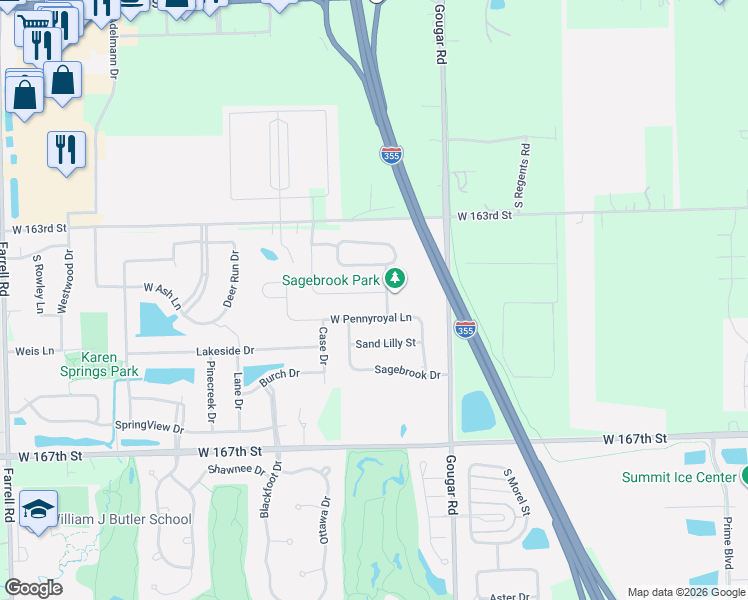 map of restaurants, bars, coffee shops, grocery stores, and more near 16024 West Coneflower Drive in Lockport