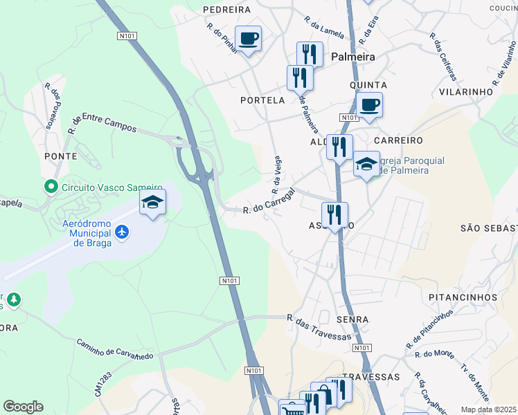 map of restaurants, bars, coffee shops, grocery stores, and more near Rua do Carregal in Palmeira