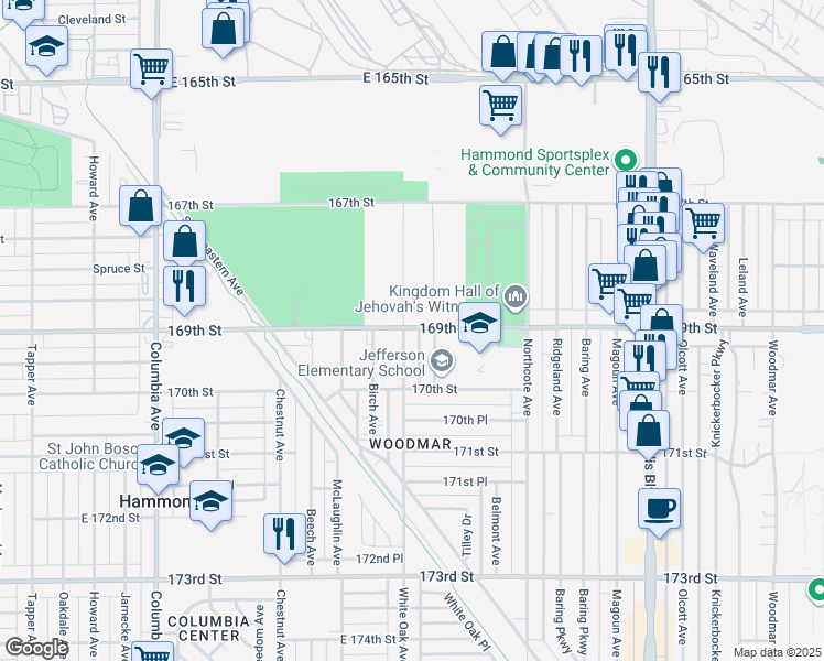 map of restaurants, bars, coffee shops, grocery stores, and more near 1600 169th Street in Hammond
