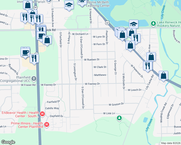 map of restaurants, bars, coffee shops, grocery stores, and more near 16212 South Howard Street in Plainfield