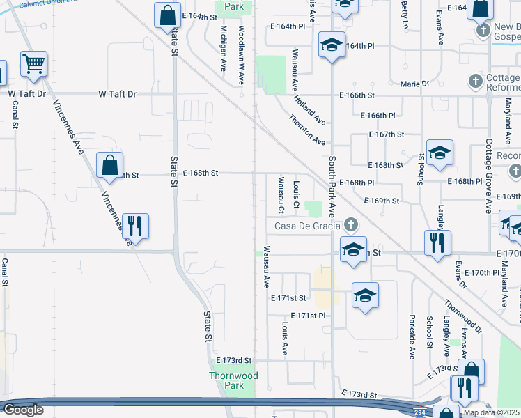 map of restaurants, bars, coffee shops, grocery stores, and more near 16838 Wausau Avenue in South Holland