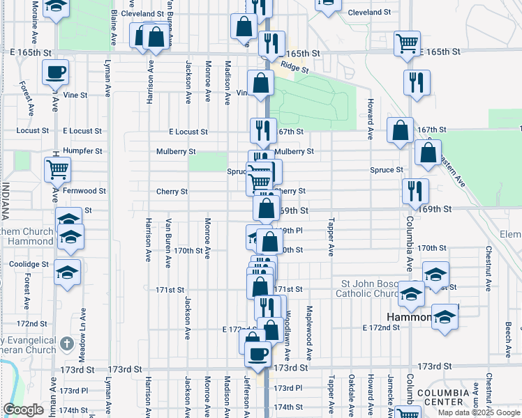 map of restaurants, bars, coffee shops, grocery stores, and more near 730 Cherry Street in Hammond